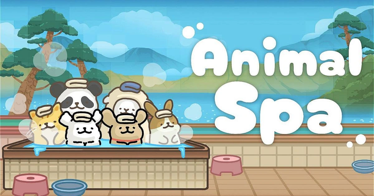 《線條小狗:動物溫泉》steam 遊戲封面圖,包含線條小狗和小金毛與其他可愛動物物