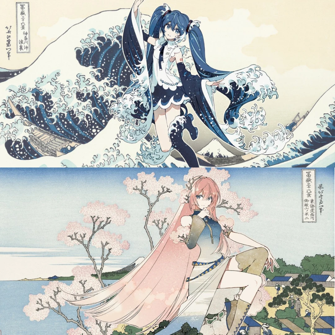 葛飾北齋-初音未來-Rella-鏡音鈴-鏡音連-巡音流歌-MEIKO-KAITO-浮世繪-富嶽三十六景-Polaris4684
